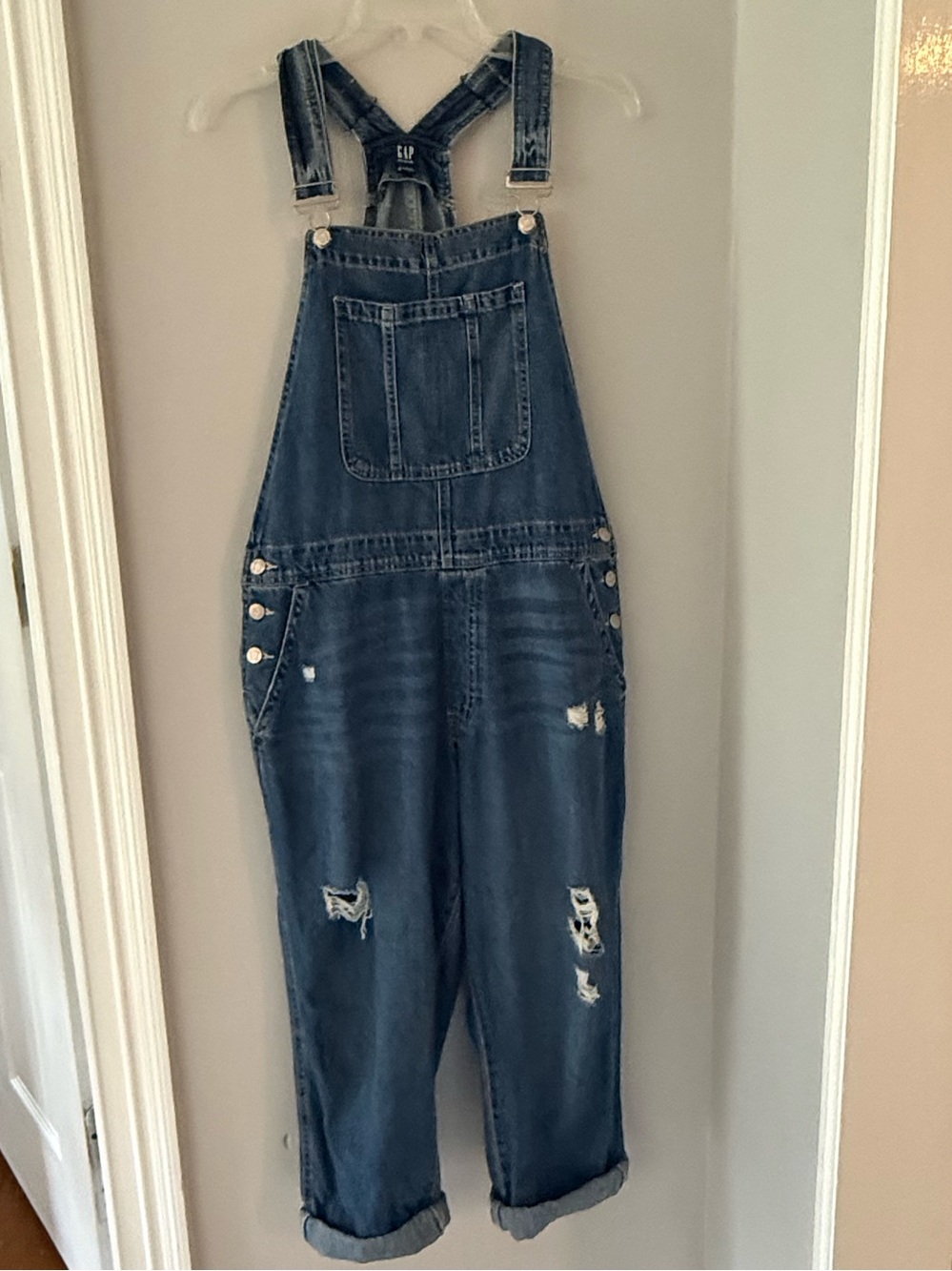 GAP Distressed Boyfriend Denim Overalls Medium Wash - Women's L